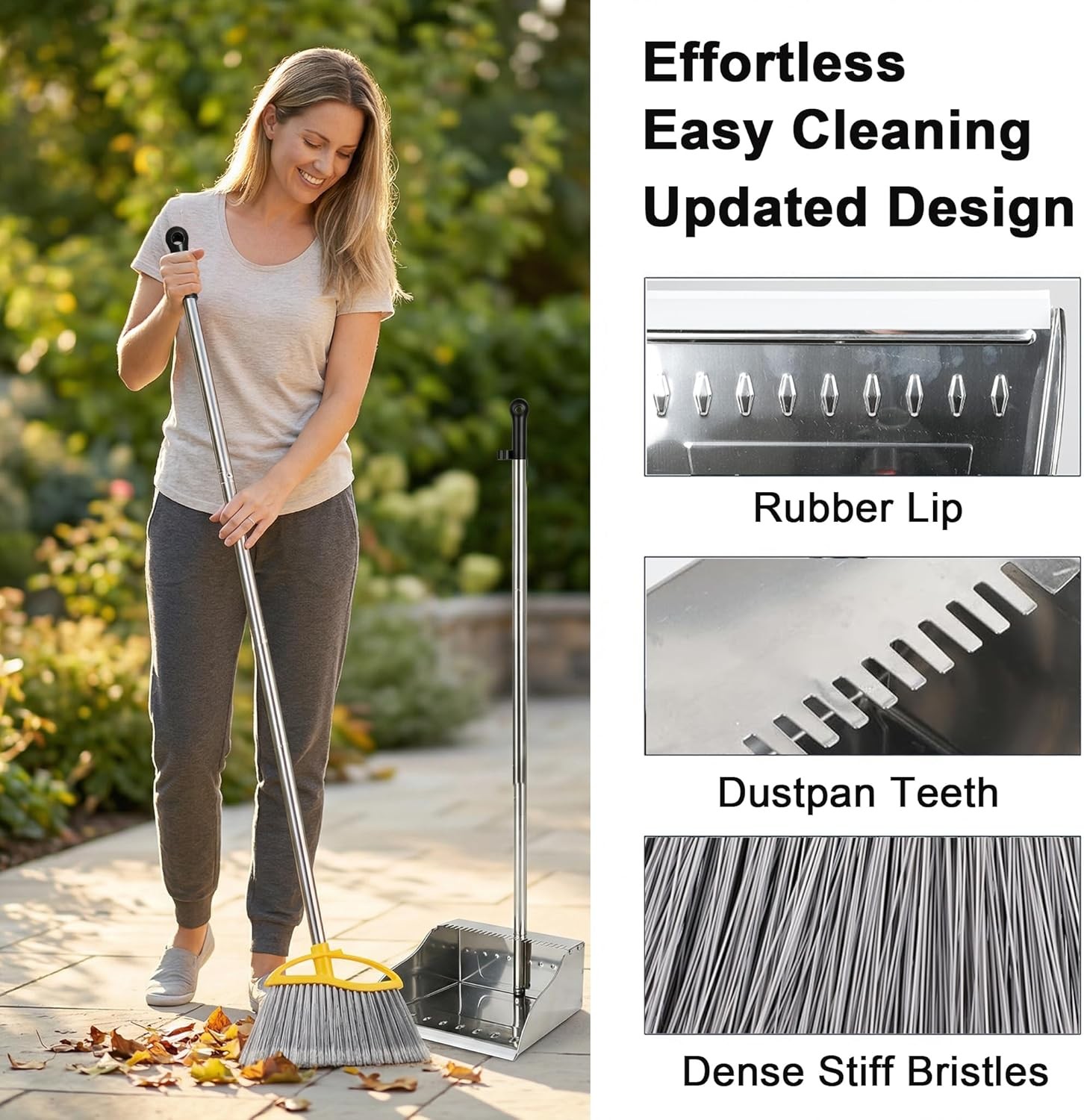 Stainl Steel Dustpan with Outdoor Stiff Bristles Broom, Long Handle