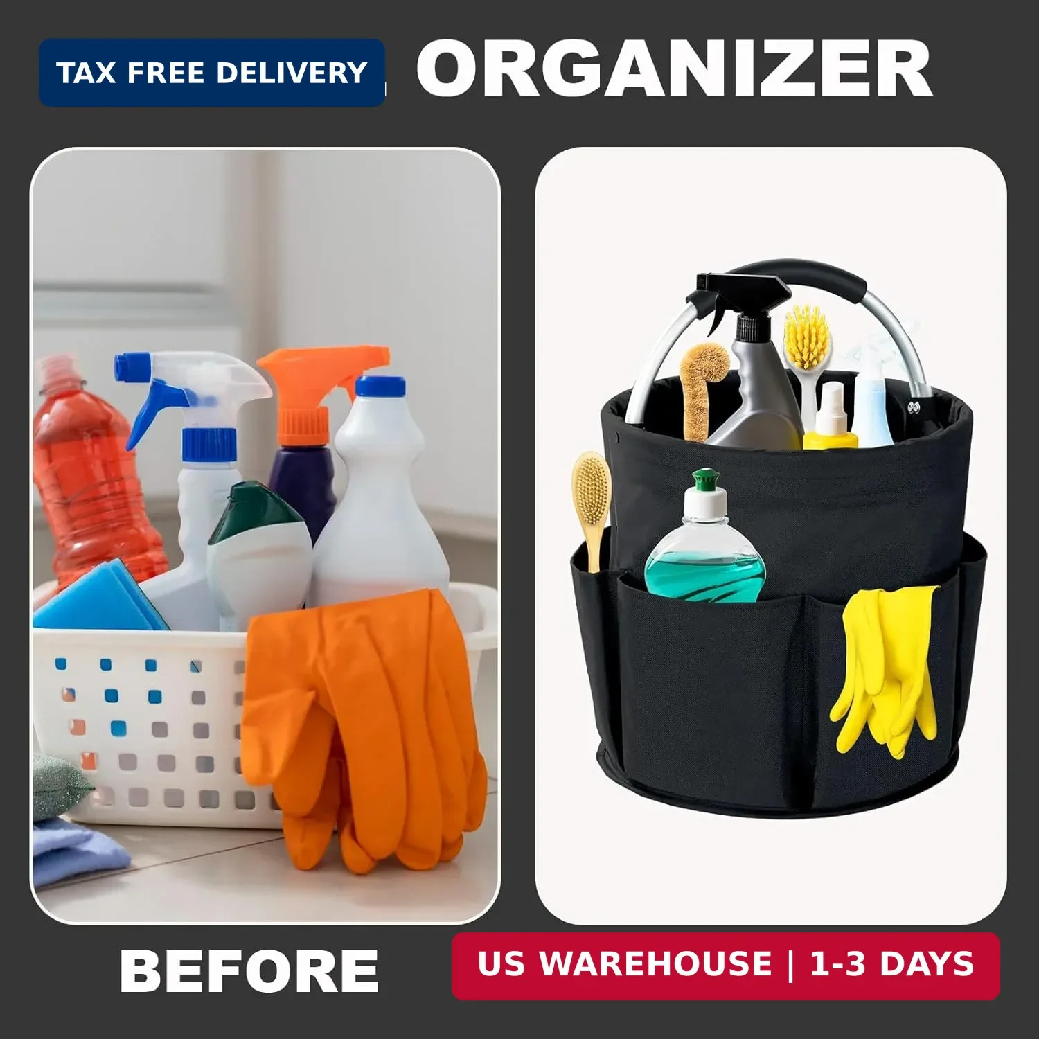 Cleaning Caddy with Handle, 17L Foldable Cleaning Supplies Organizer, Portable S