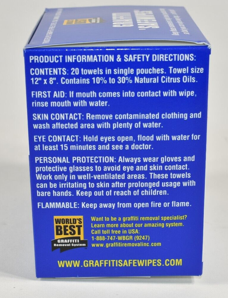 World’s Best Safewipes Graffiti Remover 1 Box Containing 20 Wipes 12″x8″ NEW