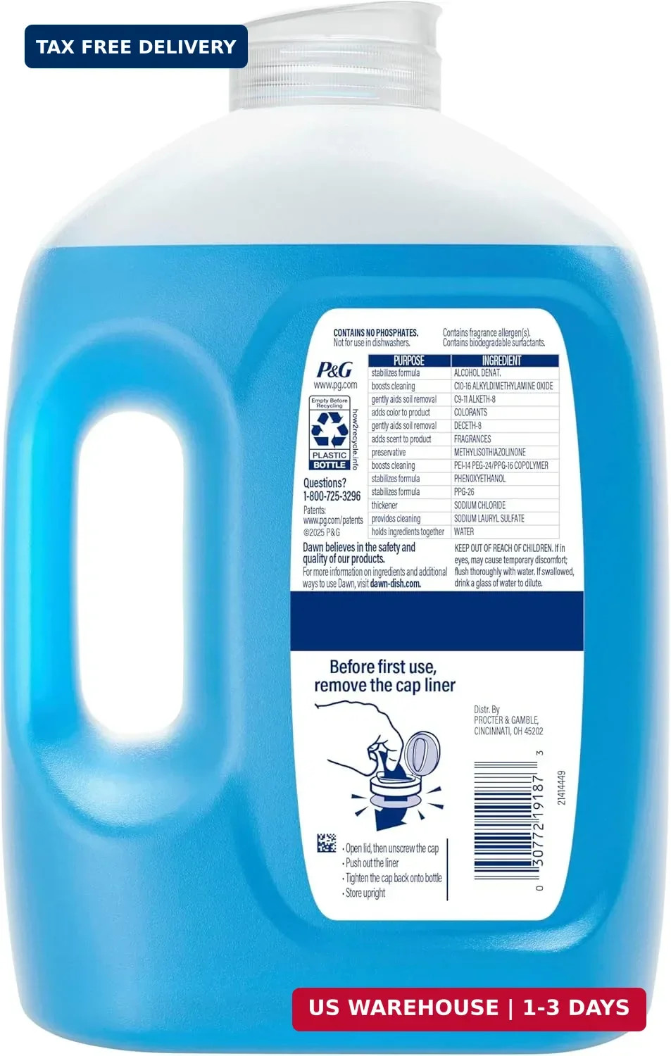 Dawn Ultra Original Dish Soap Refill Jug, Large Size Original Blue Liquid Dishwa