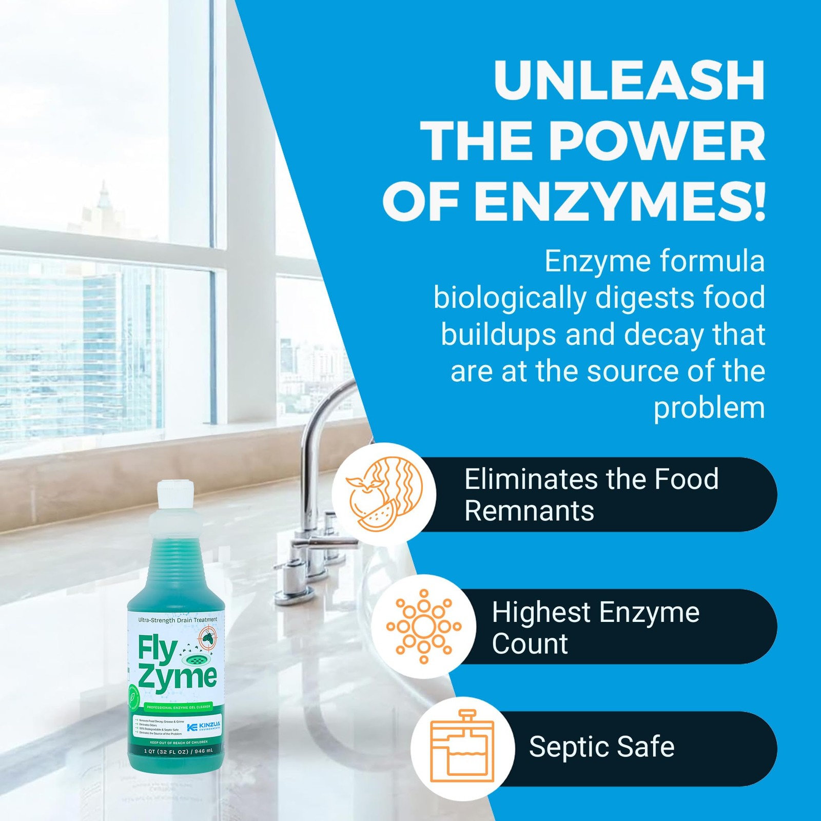 Enzyme Drain Cleaner 32 fl oz Organic Waste Odor Neutralizer Pipe Gel Fly-Zyme