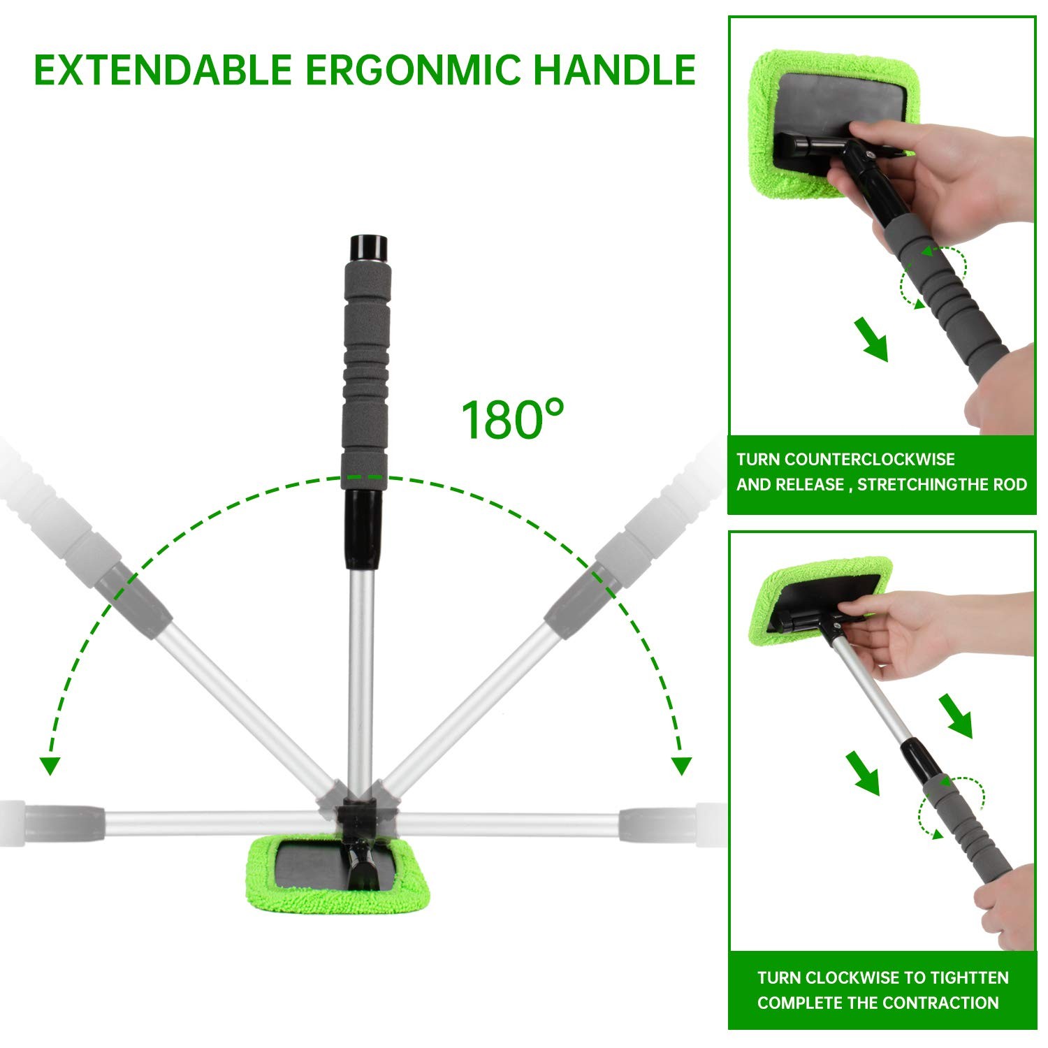 Extendable Windshield Cleaning Tool with Reusable Microfiber Pads for Cars