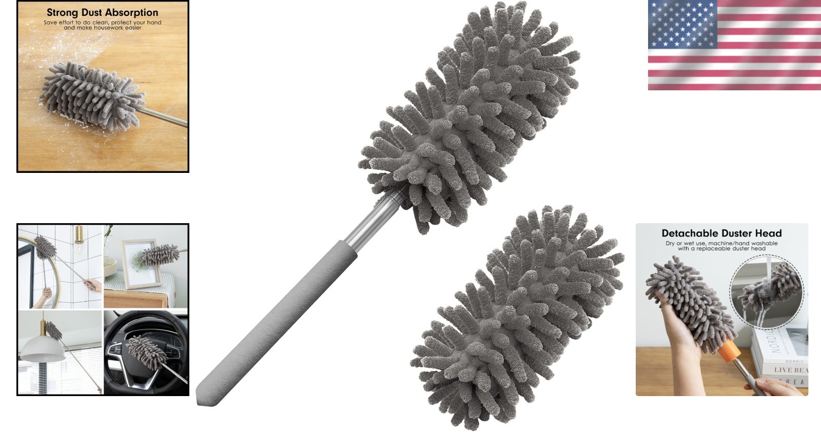 Extendable Microfiber Duster with 2 Replaceable Heads for Effortless Cleaning
