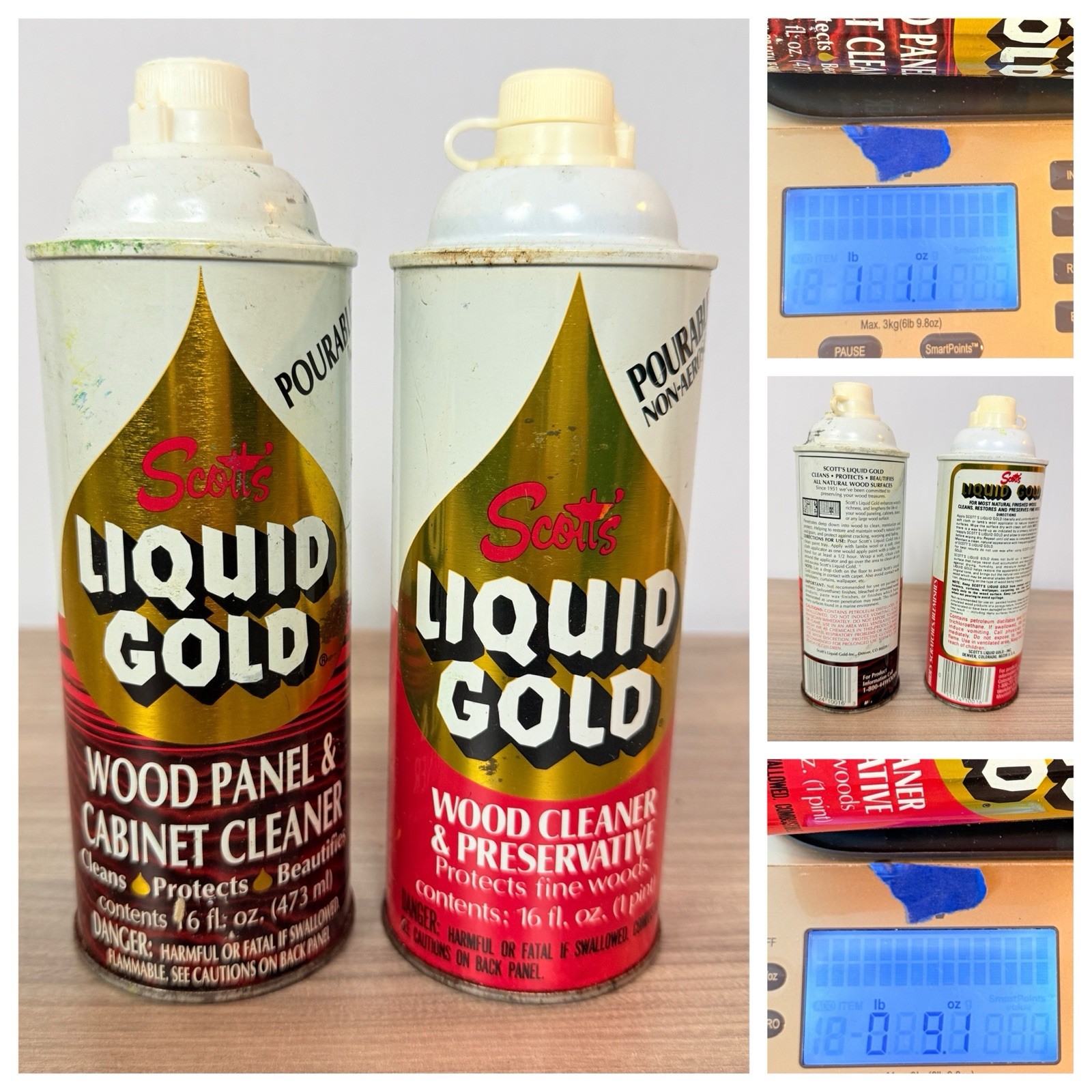 Two VTG Scott’s LIQUID GOLD Pourable Wood Cleaner & Preservative 90% & 40% Prop