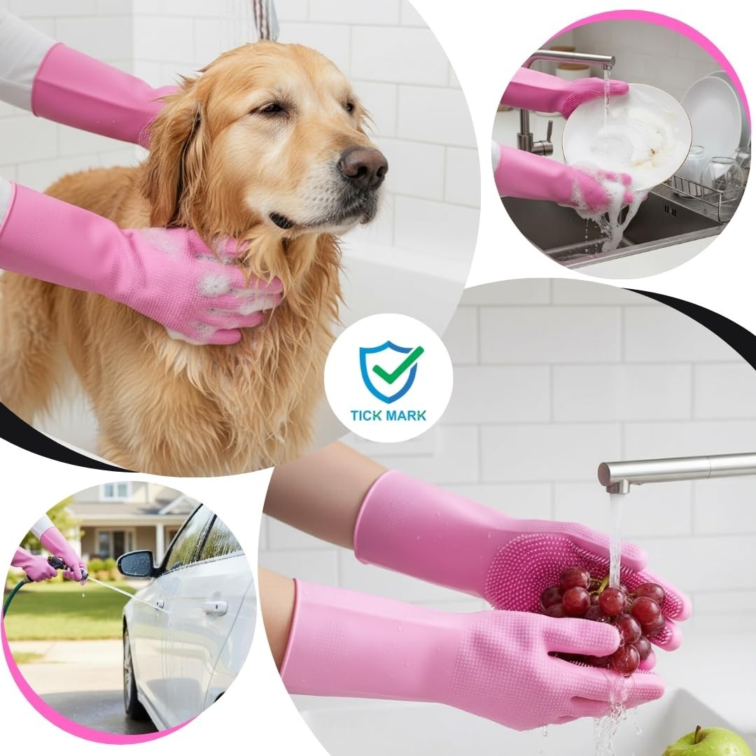 Silicone Hand Gloves for Dish Washing Kitchen Bathroom Car Cleaning Pack of 1