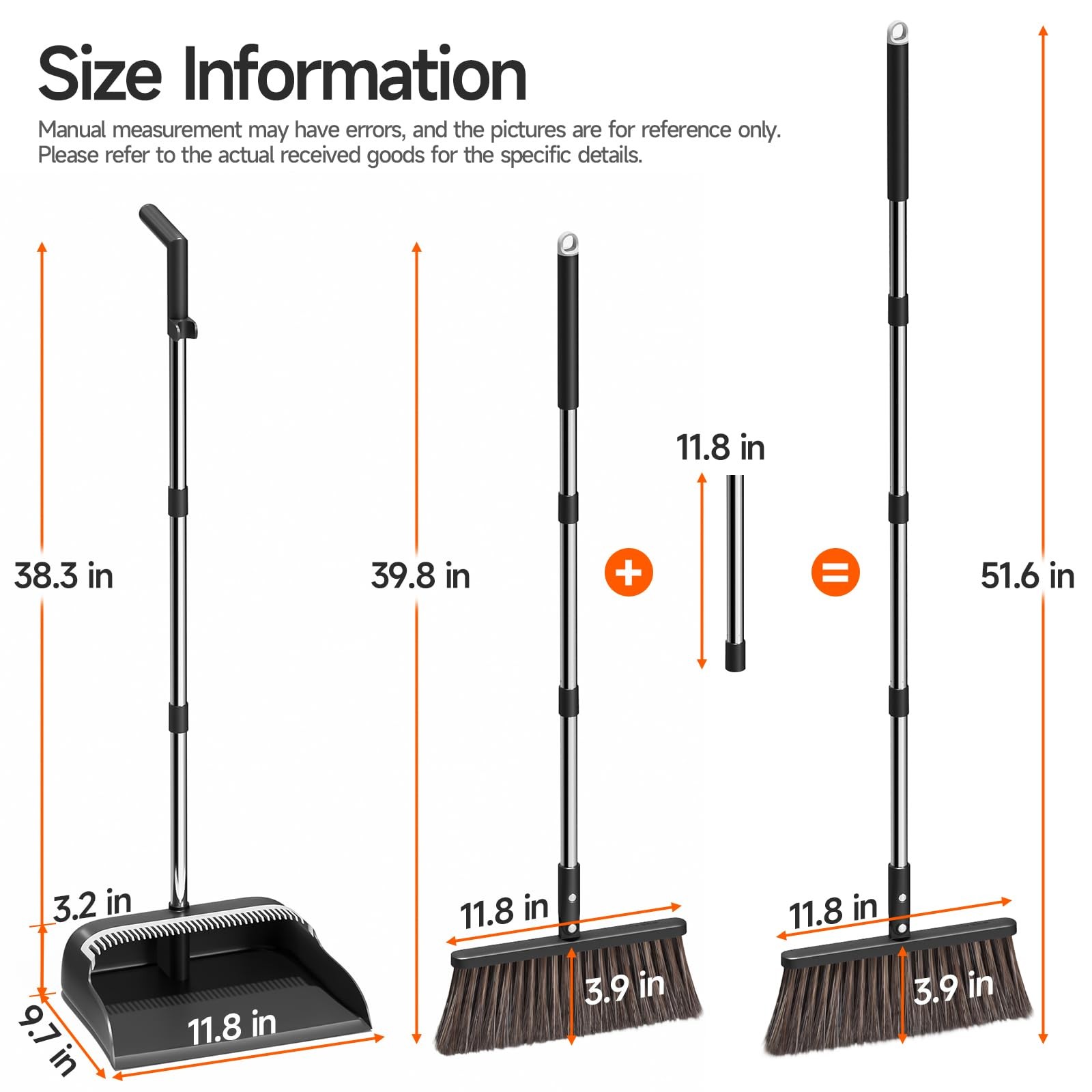 CTIME Broom and Dustpan Set, Extra Brush Head & 51.6″ Adjustable Black, Gray