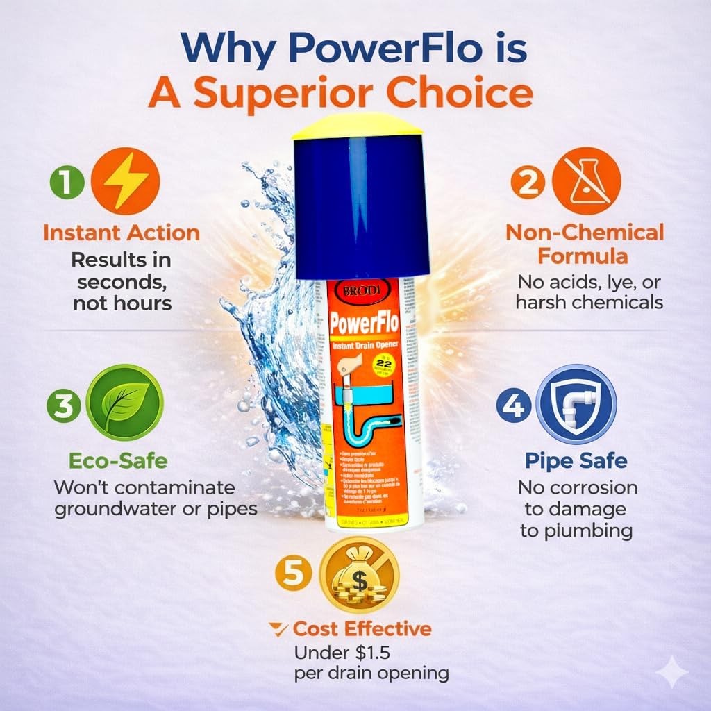 Powerflo Instant Drain Opener Non-Chemical Hydraulic Action Clears Clogs Fast