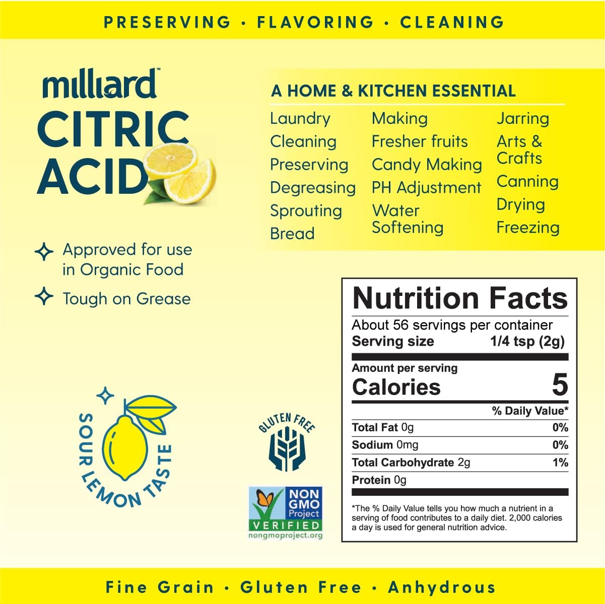 Milliard Citric Acid 100% Pure Food Grade Non-GMO Project Verified 4 Ounce