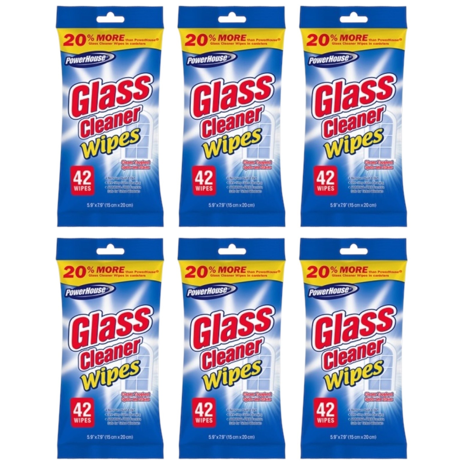 PowerHouse Glass Cleaner Wipes, 42 Wipes (Pack of 6)