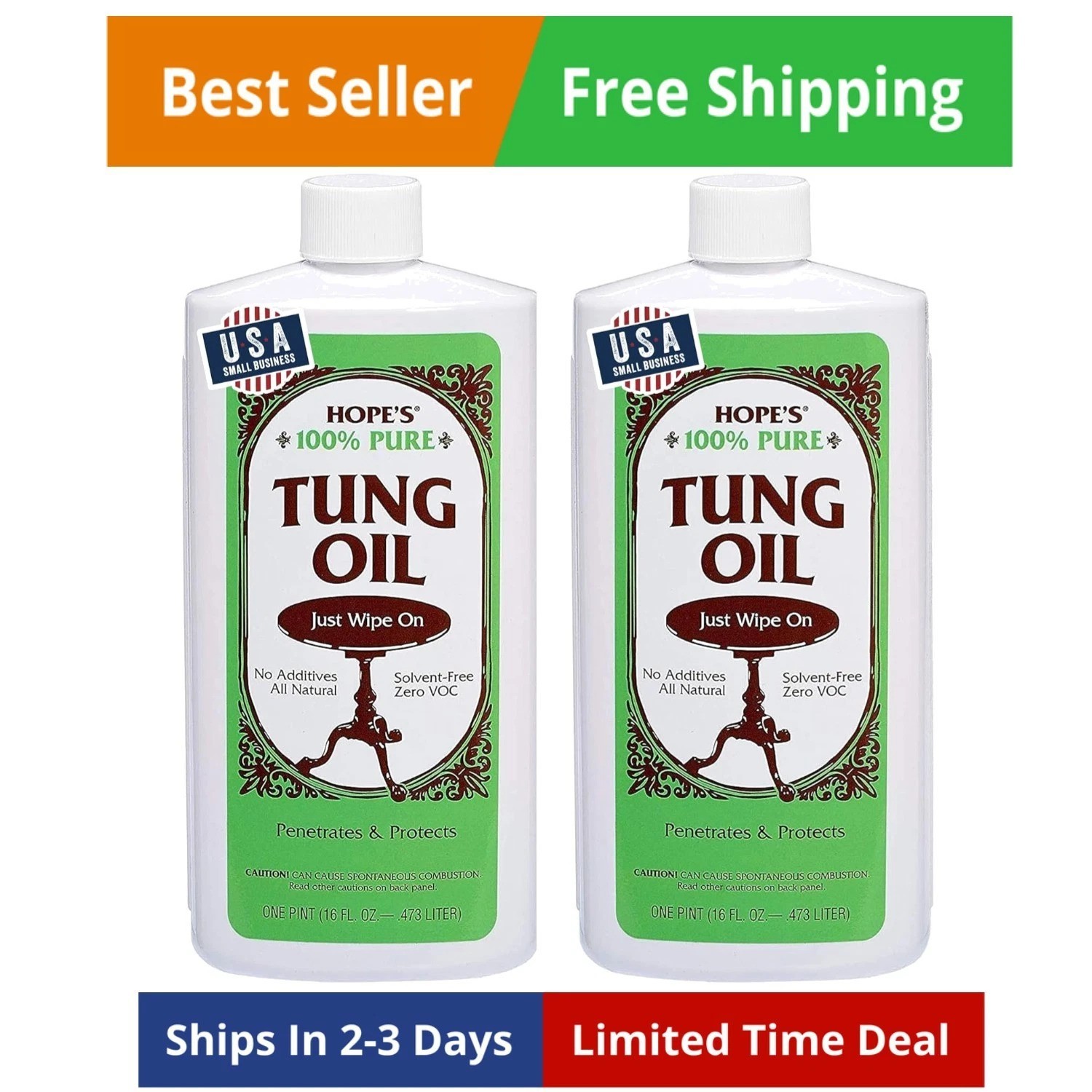 100% Pure Tung Oil, Food Safe, Waterproof Natural Wood Finish and Sealer for…