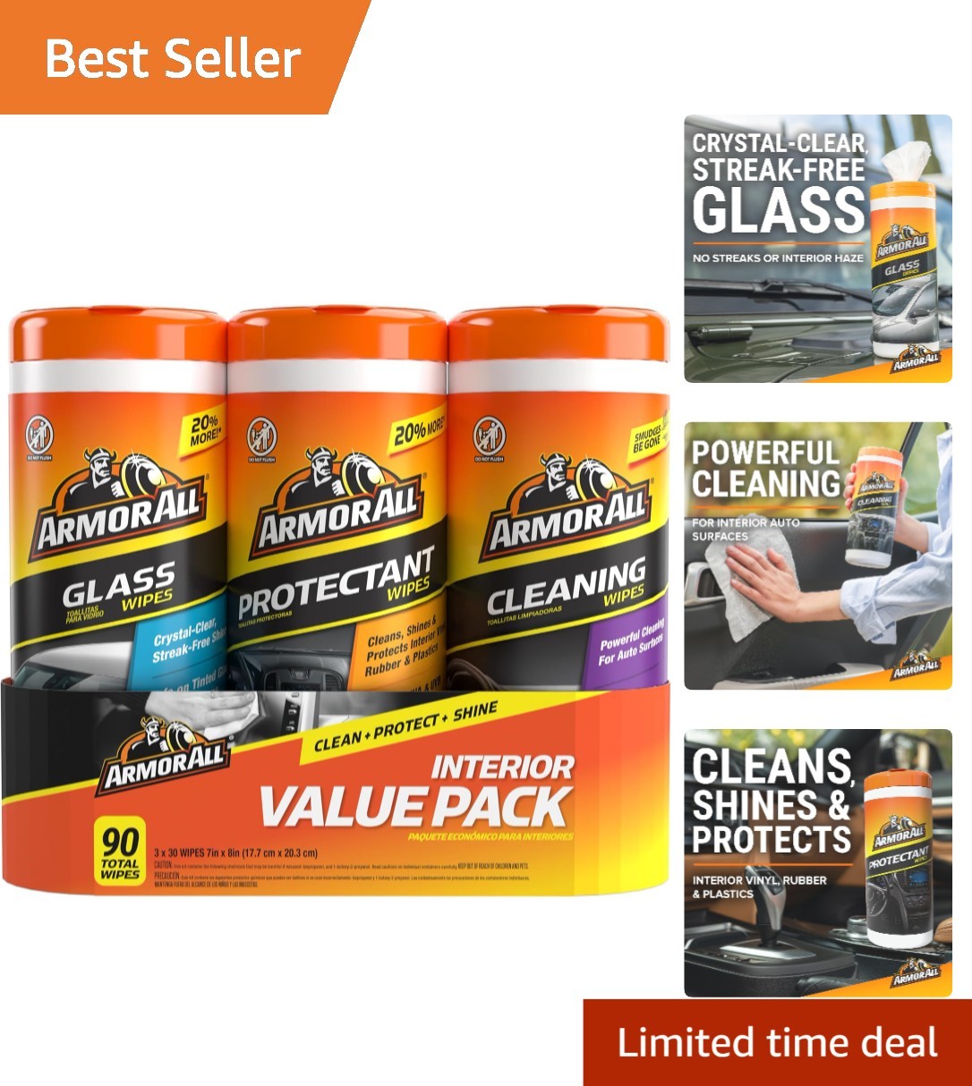 90 Count Multi-Pack of Car Cleaning Wipes – Protectant, Glass, Interior Care