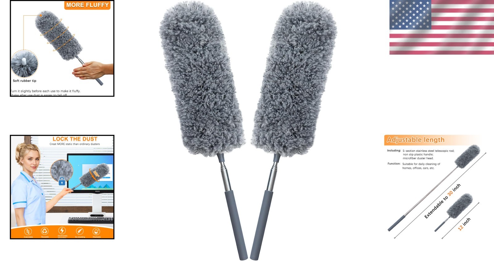 2 Pack Microfiber Feather Duster for Cleaning with Extendable Pole Hand Washable