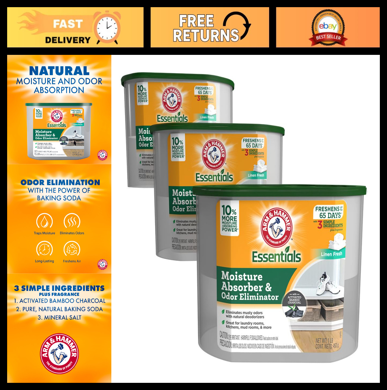 Moisture Absorber & Odor Eliminator Tub, Linen Fresh, 1 lb, 3-Pack – Non-Electri