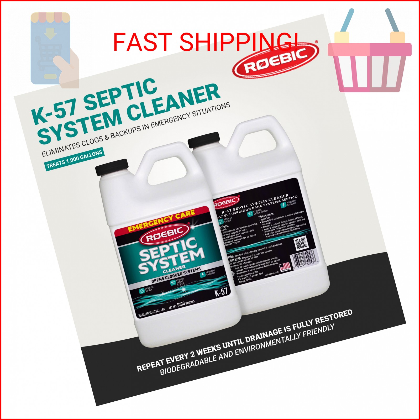 Roebic K-57-H K-57-H-3 Septic System Treatment: 1/2 Gallon, Clears Clogs, Restor