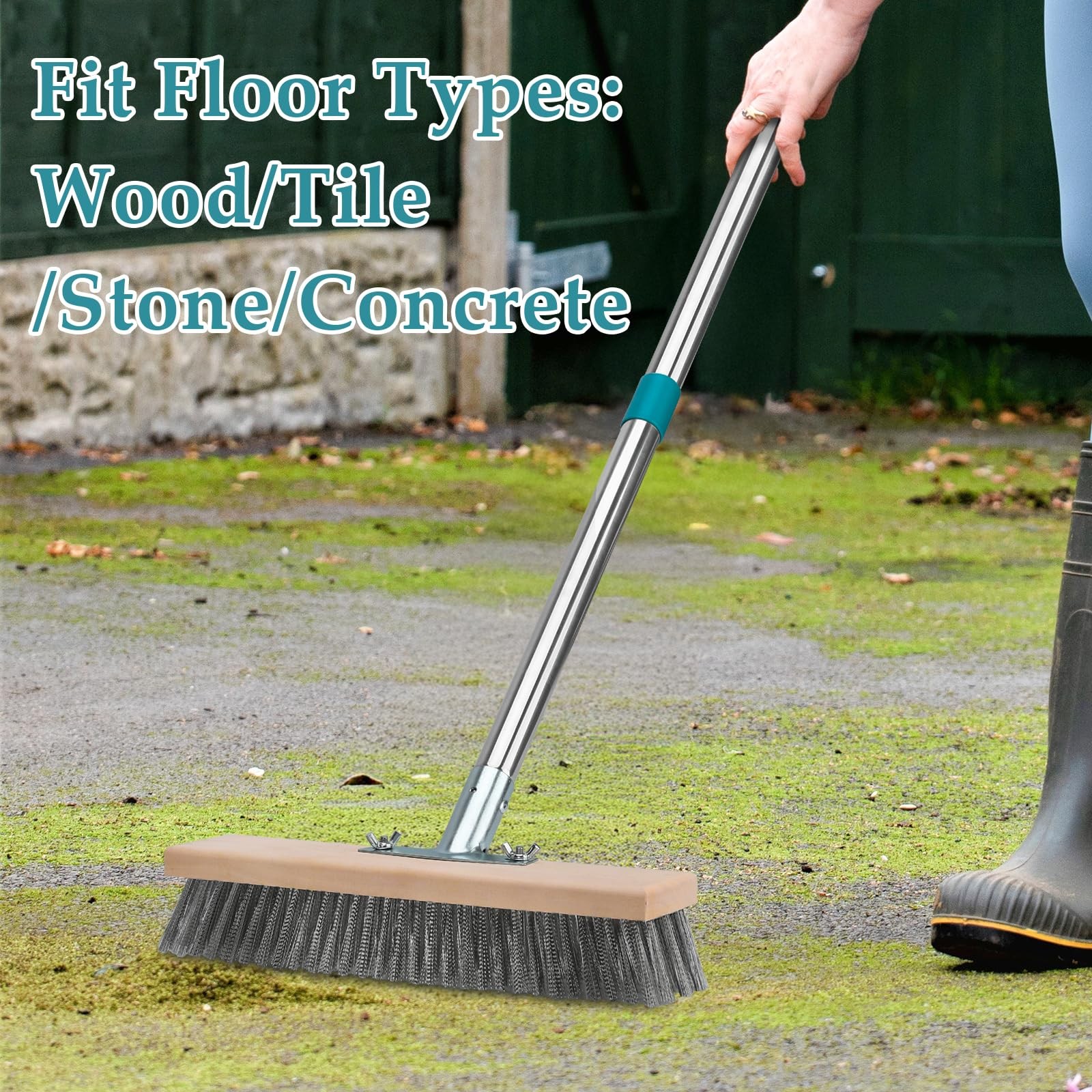 Stainless Steel Deck Scrub Brush with Long Handle, Outdoor Broom for Concrete