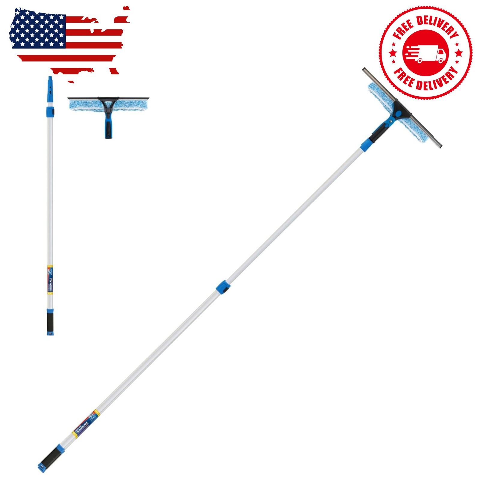 Professional 2-in-1 Squeegee & Scrubber, 14” Window Cleaning Tool & 8’ Connect..