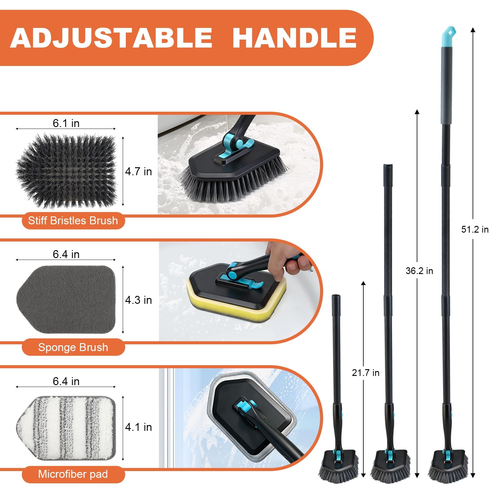 Long Handled Scrub Brush for Shower,3-in-1 Cleaning Brushes with 3 Different …