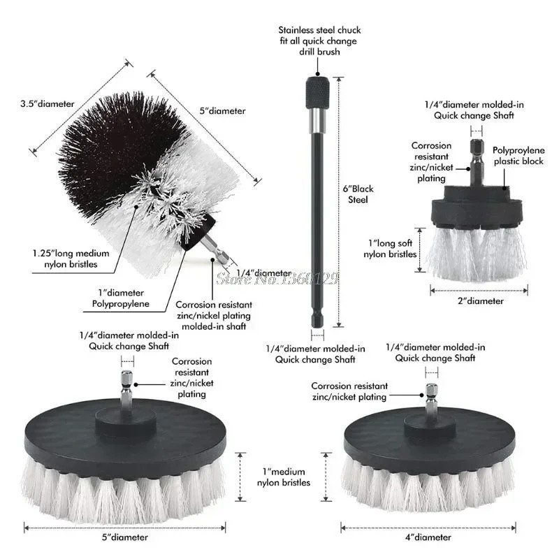 Drill Brush Power Scrubber Set 2–5in Nylon Cleaning Brushes for Bathroom Kitchen