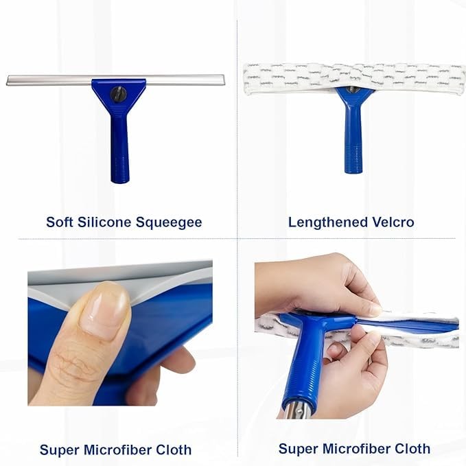 59″ Long Reach Window Squeegee with 14″ Double-Layer Blade & 2 Cloths – Stain…