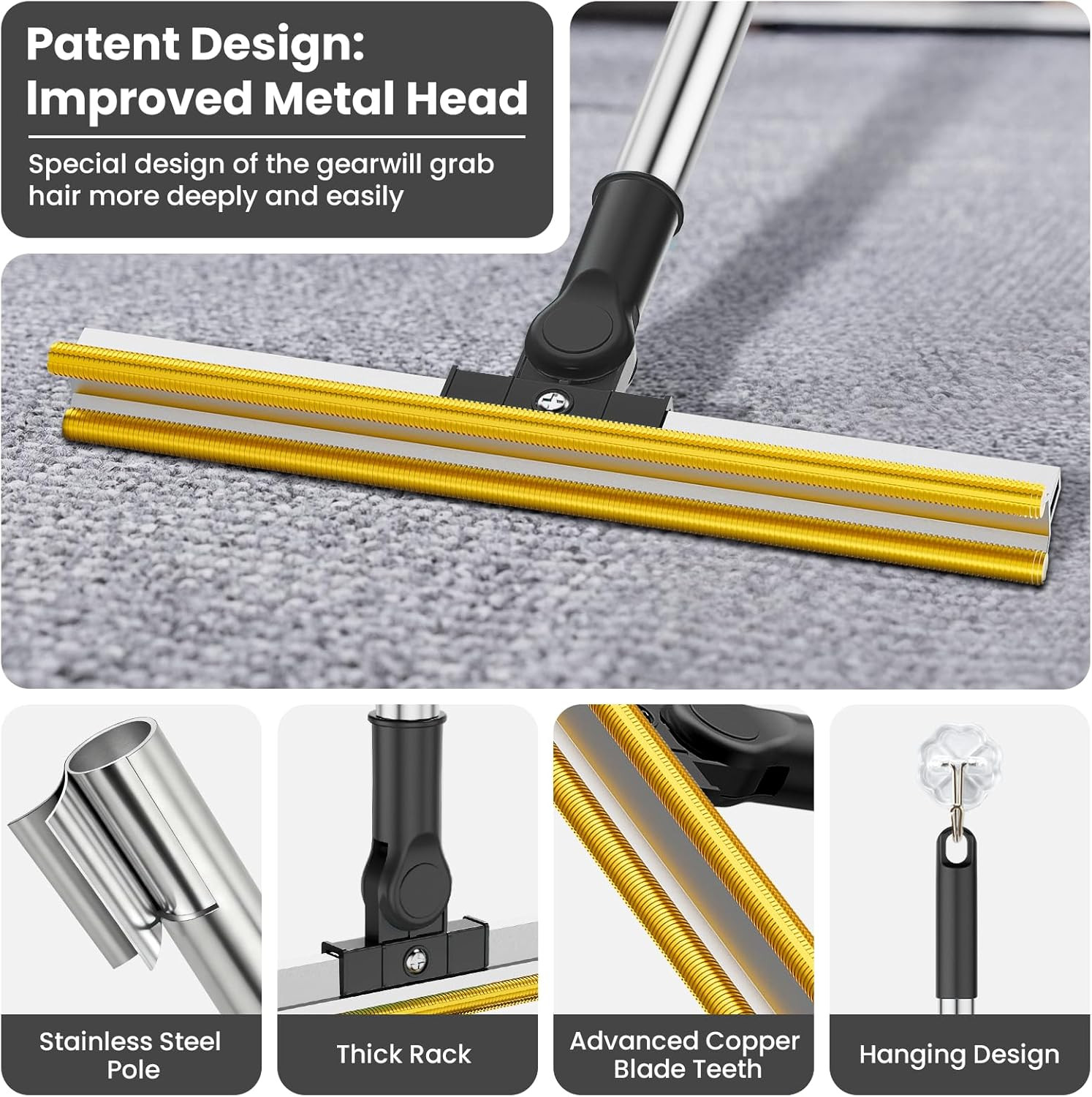 3 in 1 Carpet Rake for Pet Hair Removal, Tool Set of 3, 55” Long Handle Carpet P