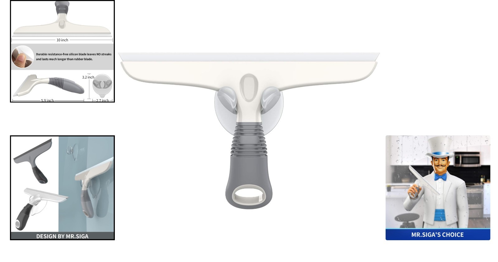 Durable Multi-Purpose Silicon Squeegee with Suction Hook – 10 Inch, White & Gray