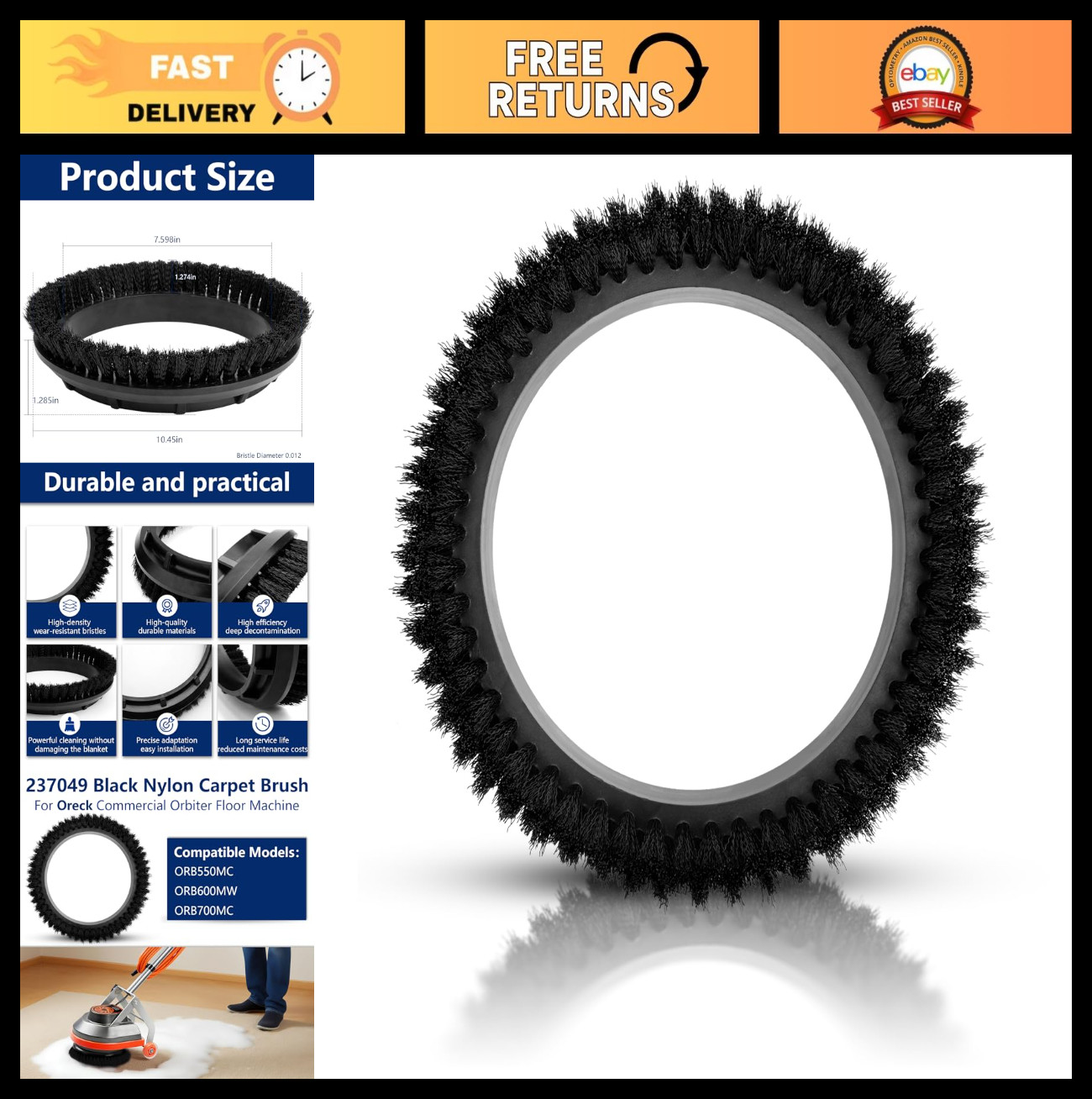 Black Nylon Carpet Brush Replacement for Oreck Orbiter Floor Machines 12