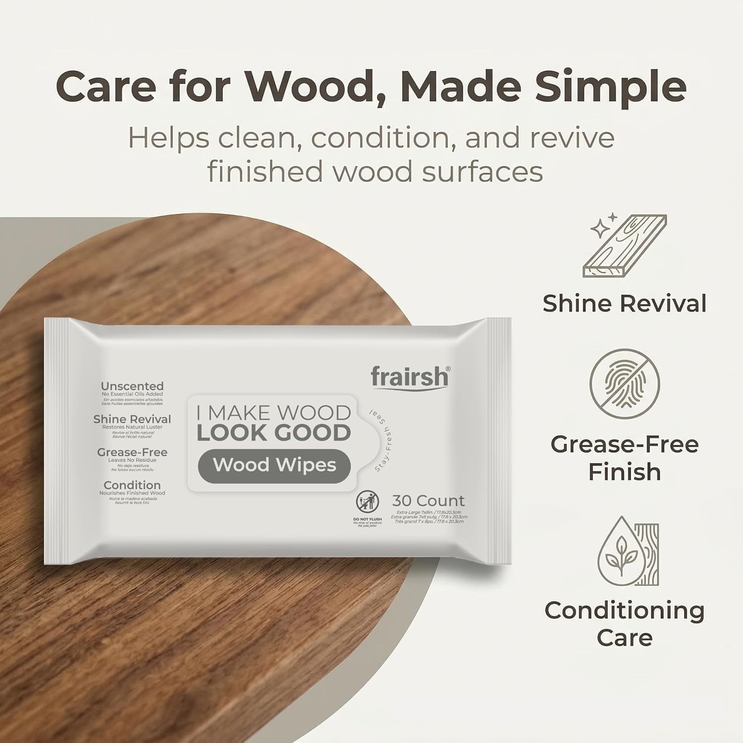 Wood Cleaner Wipes 30 Count, XL 8in x 10in Clean Polish Protect