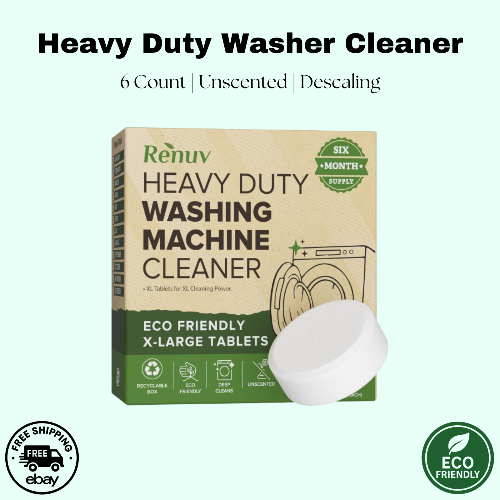 Heavy Duty Washer Cleaner Tablets 6 Count | Front + Top Load HE Compatible