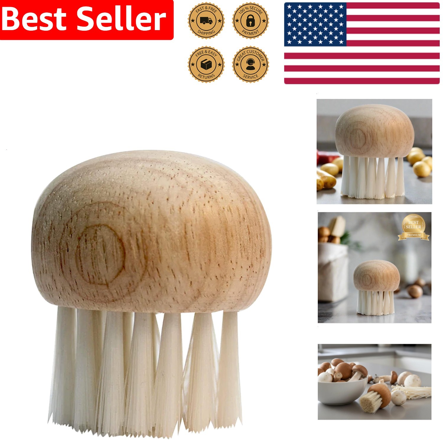 Mushroom Brush Beechwood Handle Natural Bristles Vegetable Scrubber