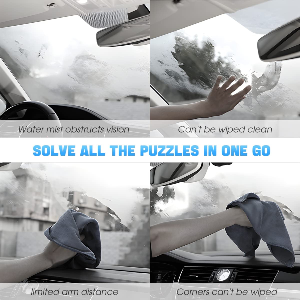 Car Window Cleaner with Extendable Handle & 4 Reusable Microfiber Pads