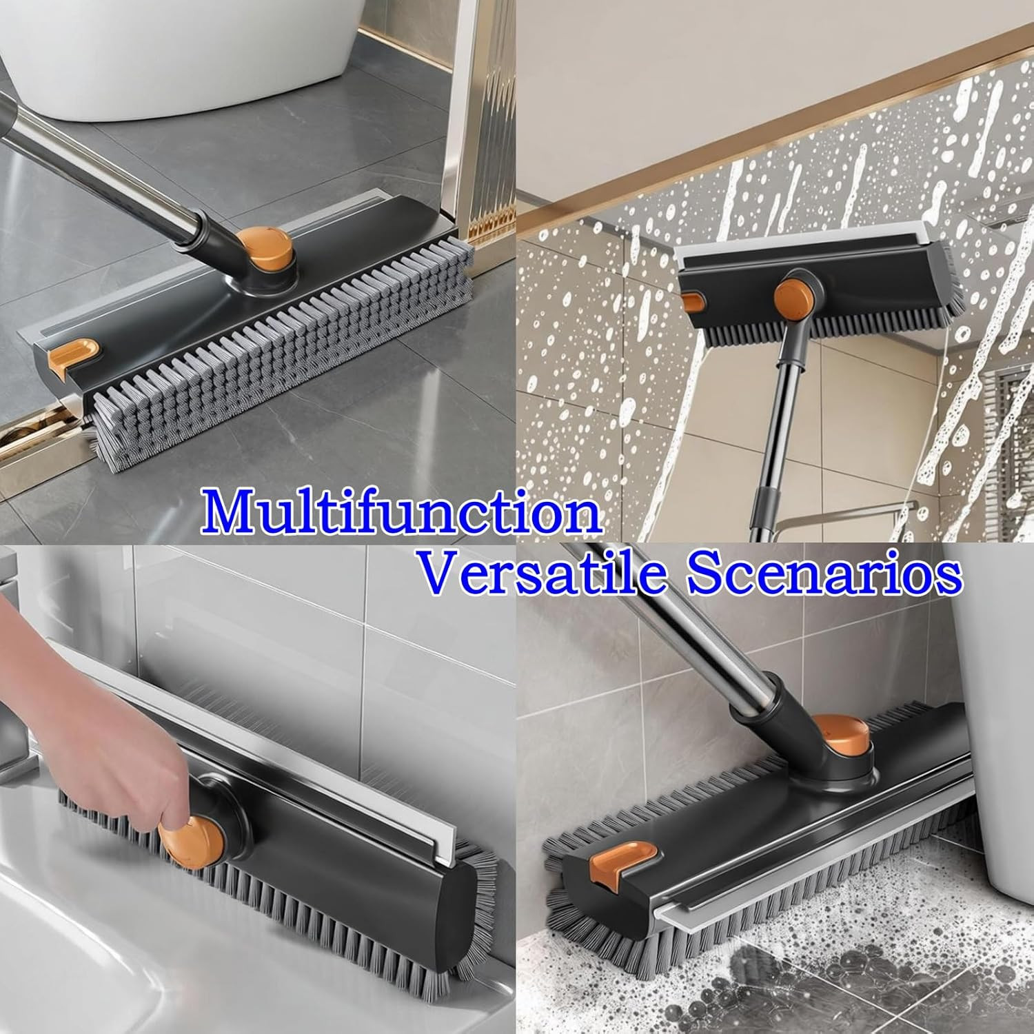 4 in 1 Floor Scrub Brush with Squeegee Long Handle Grout Brush 52” 2026 Upgrade