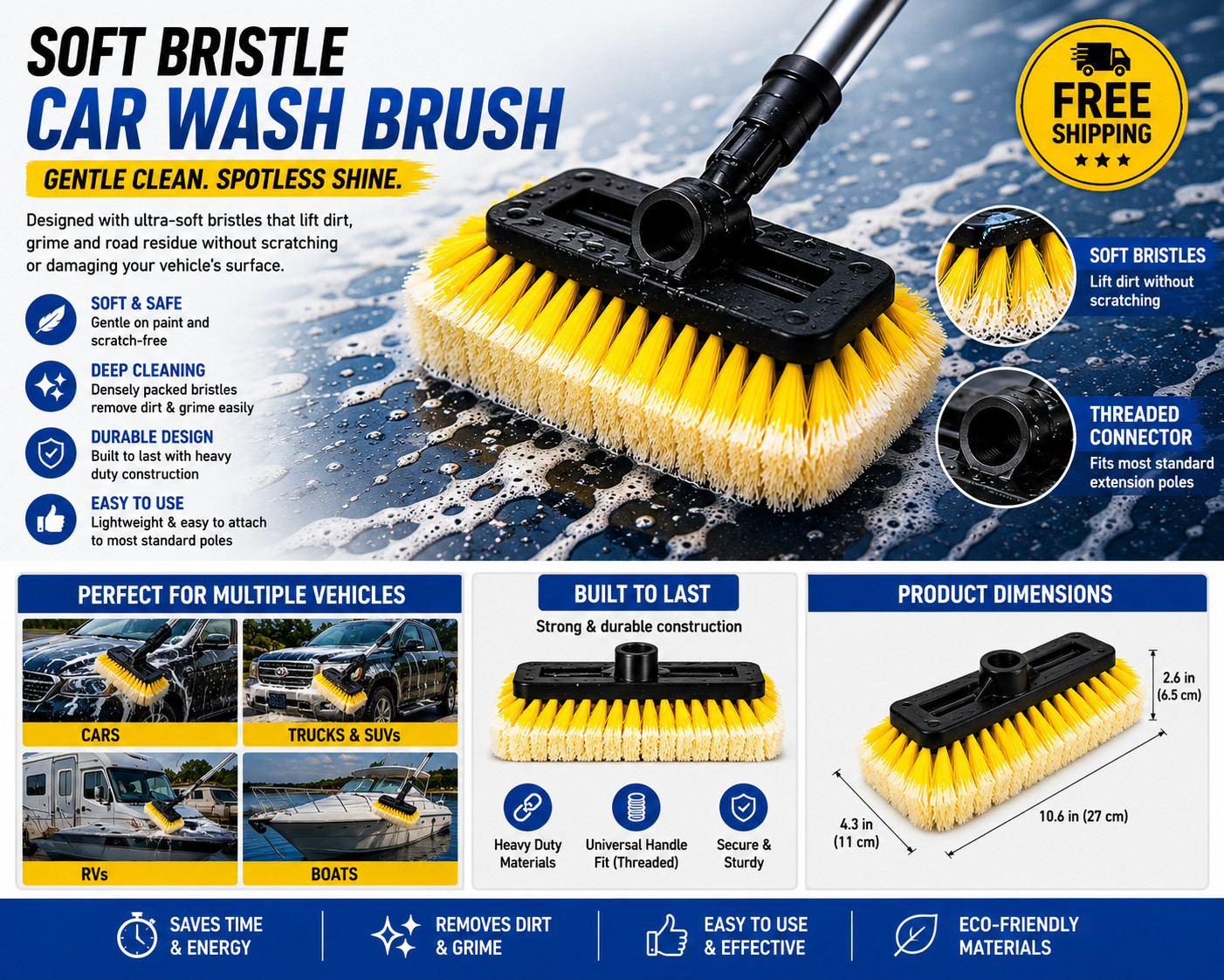 soft bristle car wash brush head- gentle auto cleaning tool