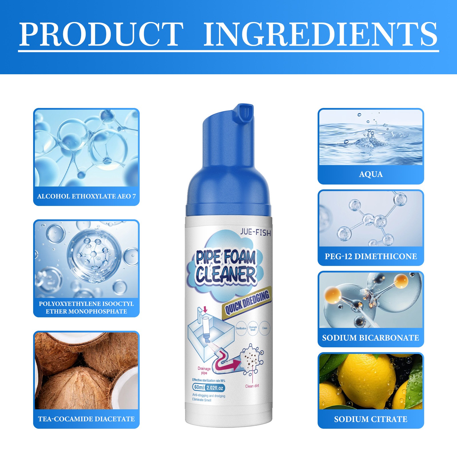 Foaming Drain Cleaner,For Bathroom Kitchen Sink Overflow Fast Clog Removal 60ml