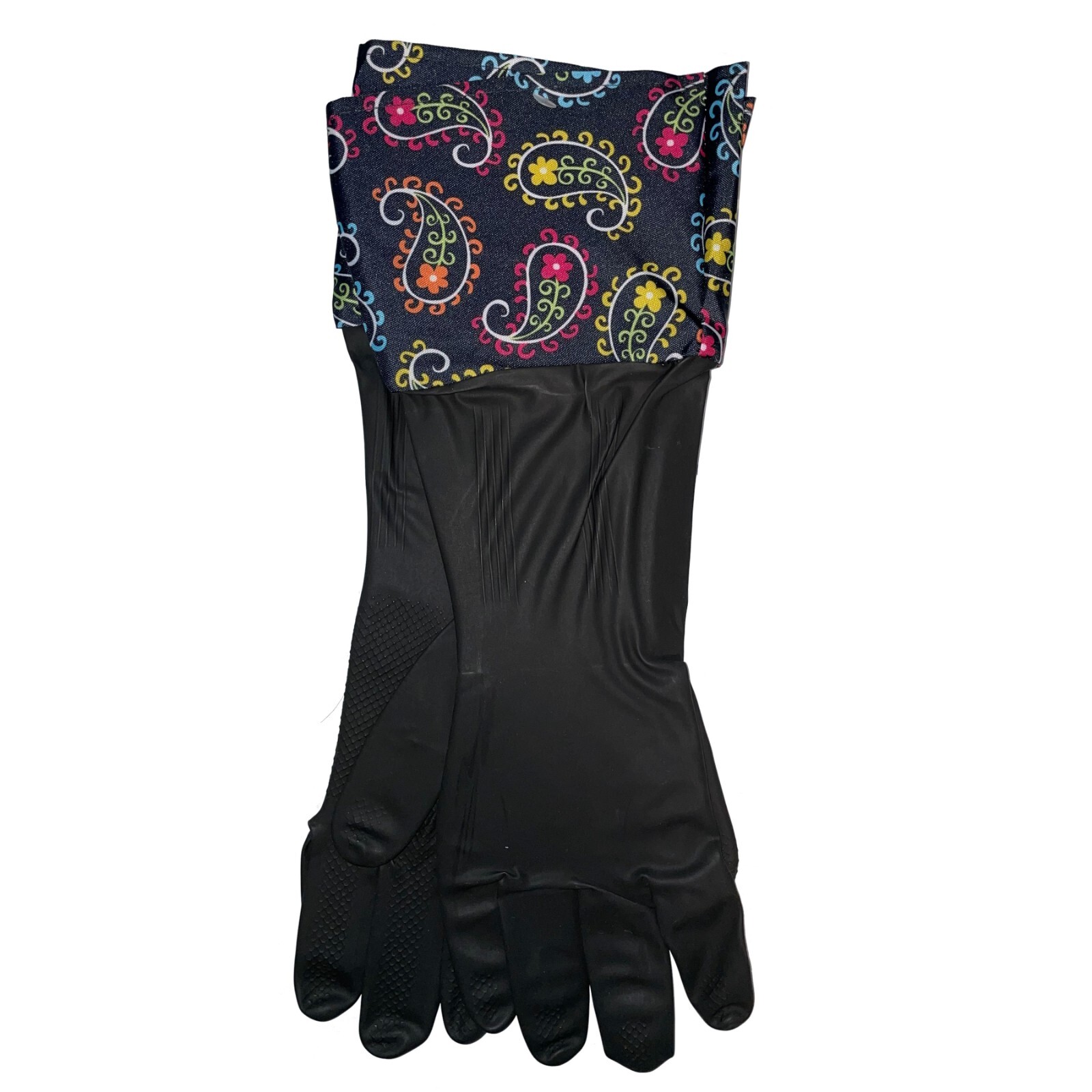Vigar Flowers Design Black Latex Dish Washing Gloves w/ Extended Cuff – Medium