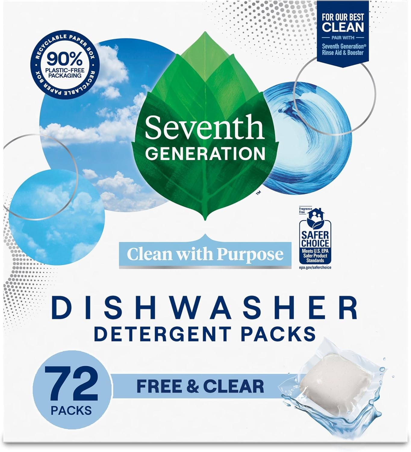 Seventh Generation Free Clear Dishwasher Detergent Packs 72 Count Sparkling C…