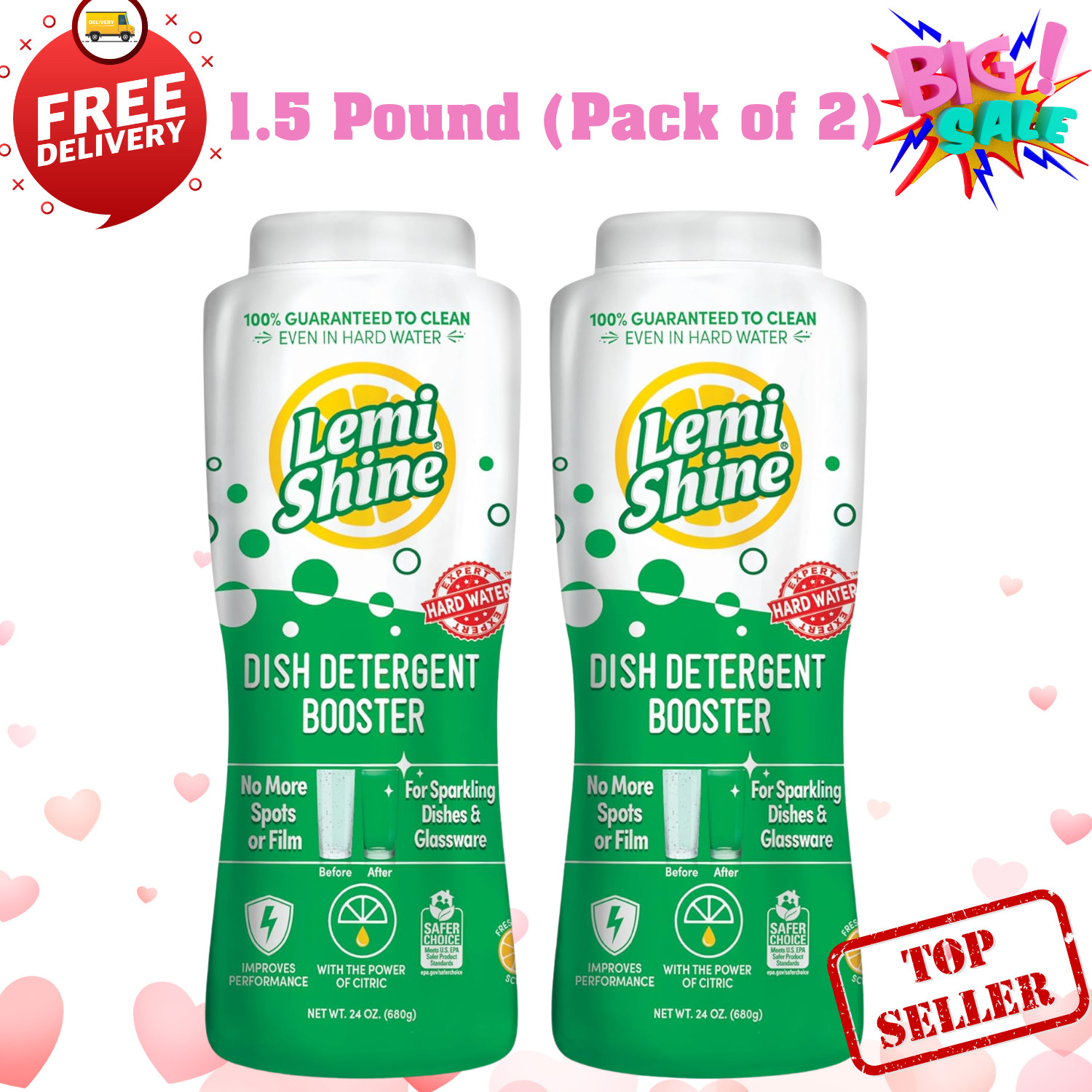 Lemi Shine Dish Detergent Booster, Removes Hard Water Spots, Multi-Use, 24 oz X2