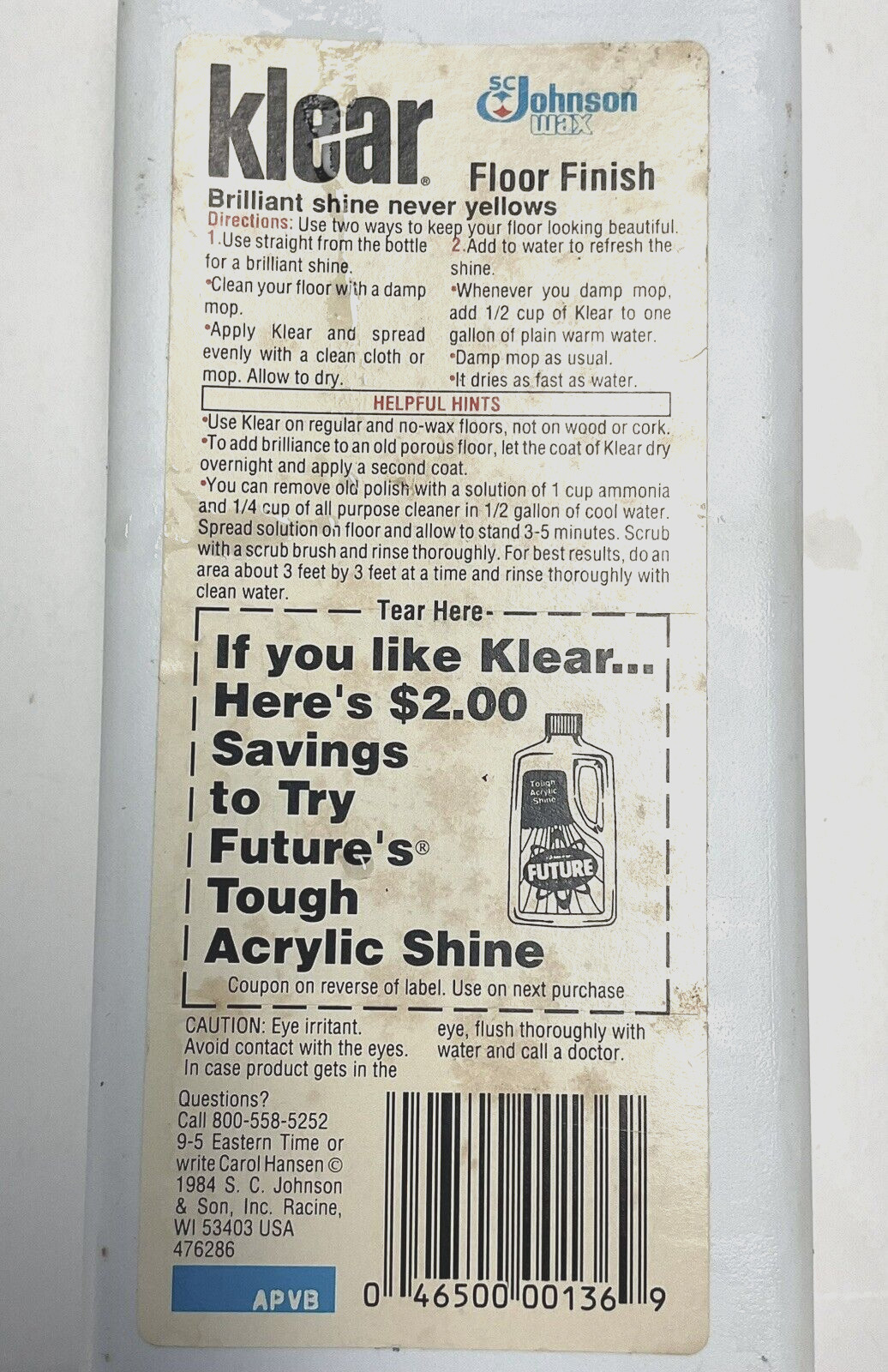 NEW SC Johnson Vintage Klear Floor Finish 27oz. 1984 No Buff Shine Movie Prop