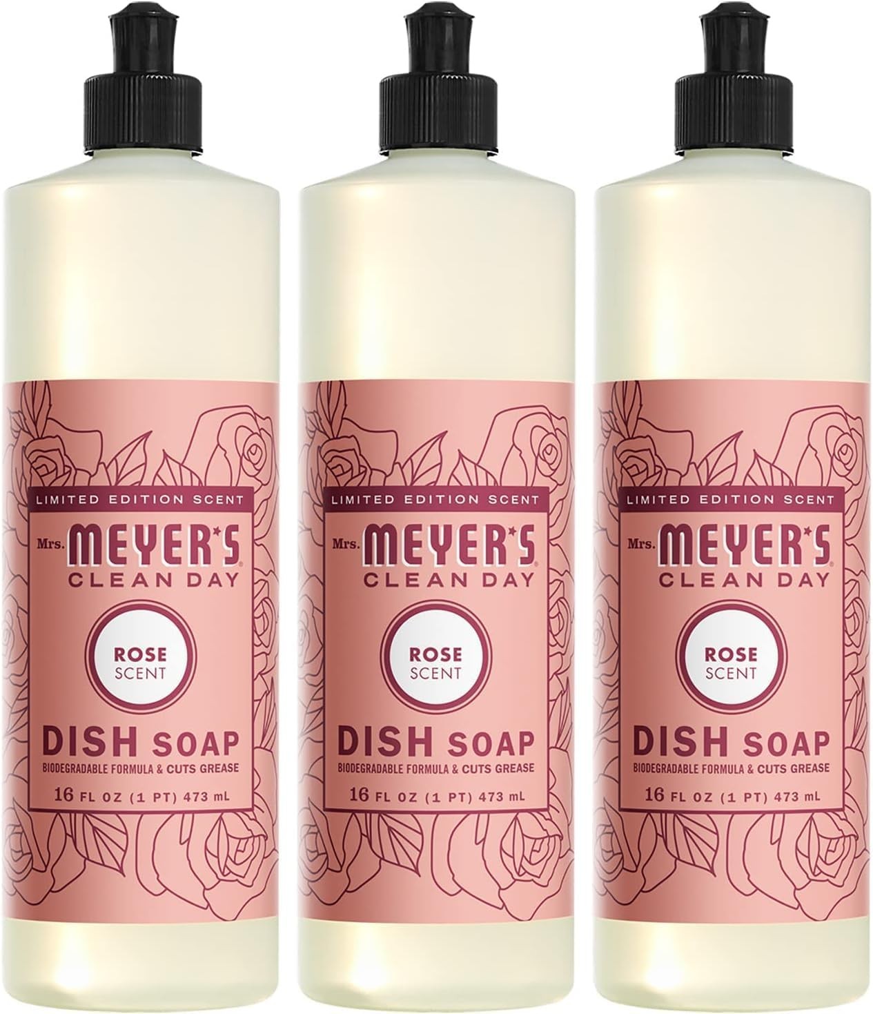 3-PACK Mrs. Meyer’s Rose Dish Soap 16 oz Concentrated Biodegradable NEW