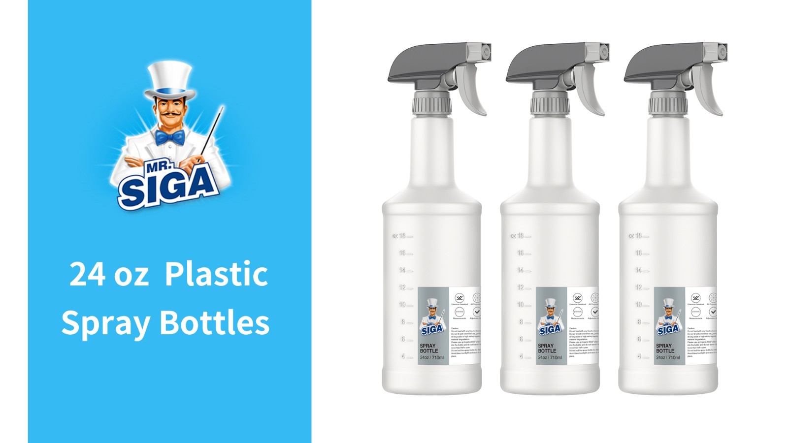 24 oz Heavy Duty Plastic Spray Bottles – Reusable, Adjustable Nozzle, 3 Pack for