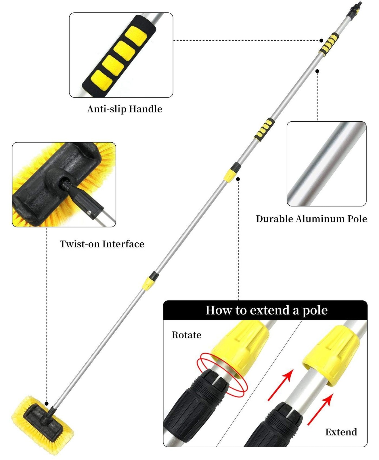 5-12 Foot (20 ft Reach) Car Wash Brush with 12-Inch Soft Bristle, On/Off Swit…