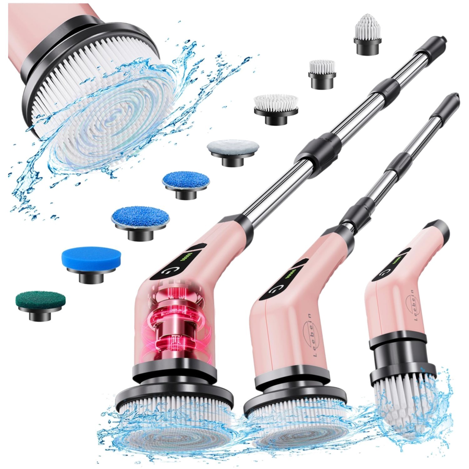 Electric Spin Scrubber with Long Handle and 8 Brushes – Rose