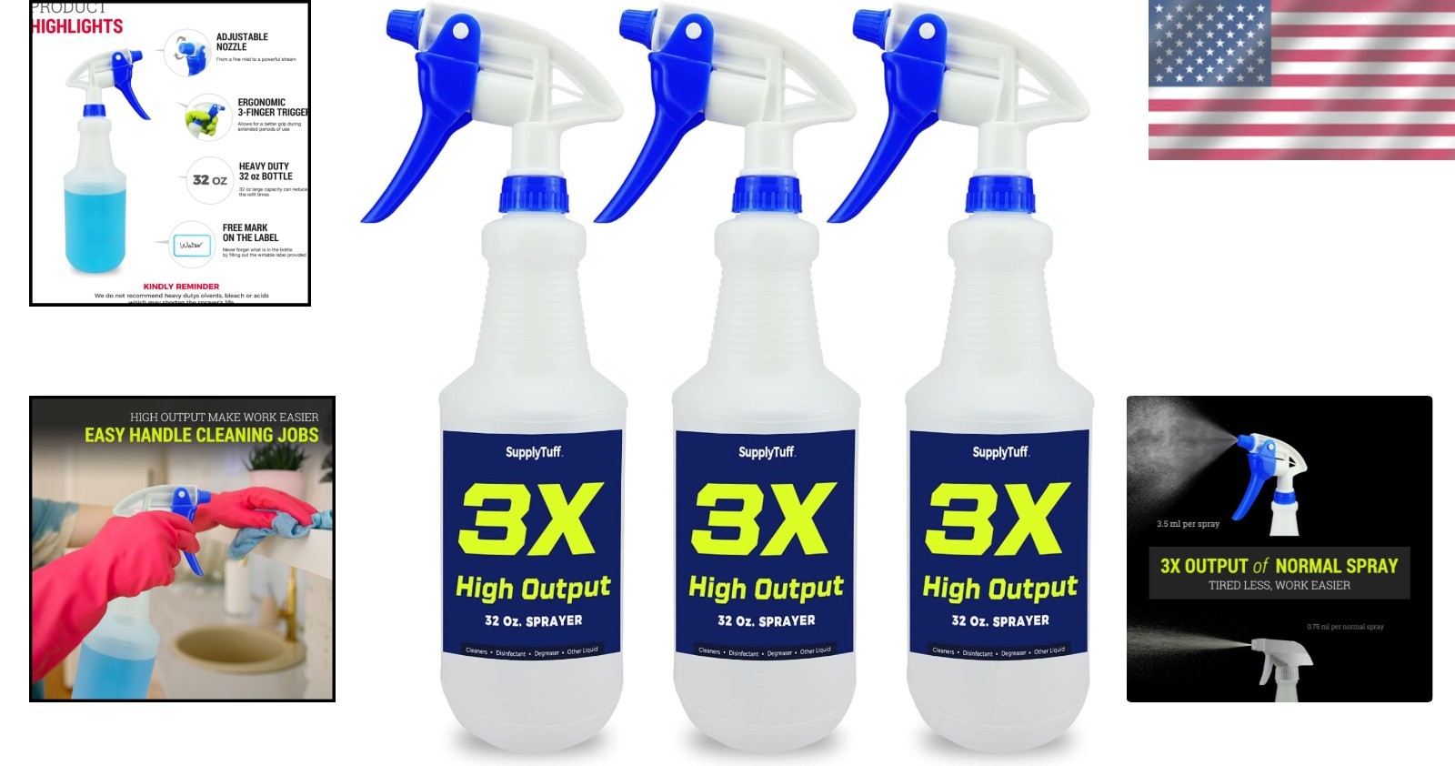 3 Pack of 32 oz High Output Heavy Duty Spray Bottles for Effortless Cleaning