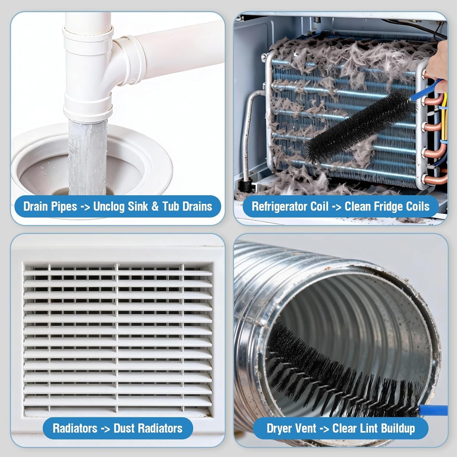 3PCS Drain Brush Set with Refrigerator Coil Cleaning Brush, Multi-Use Drain C…