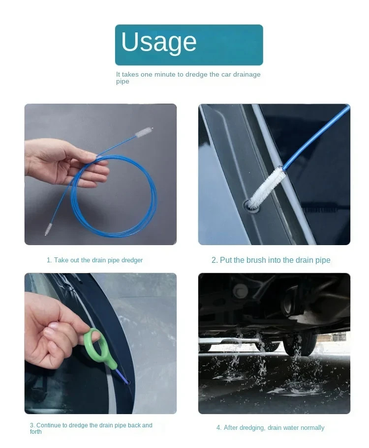 Car Drain Unclogger Brush 2M Sunroof Hose Cleaner Pipe Cleaning Tool.