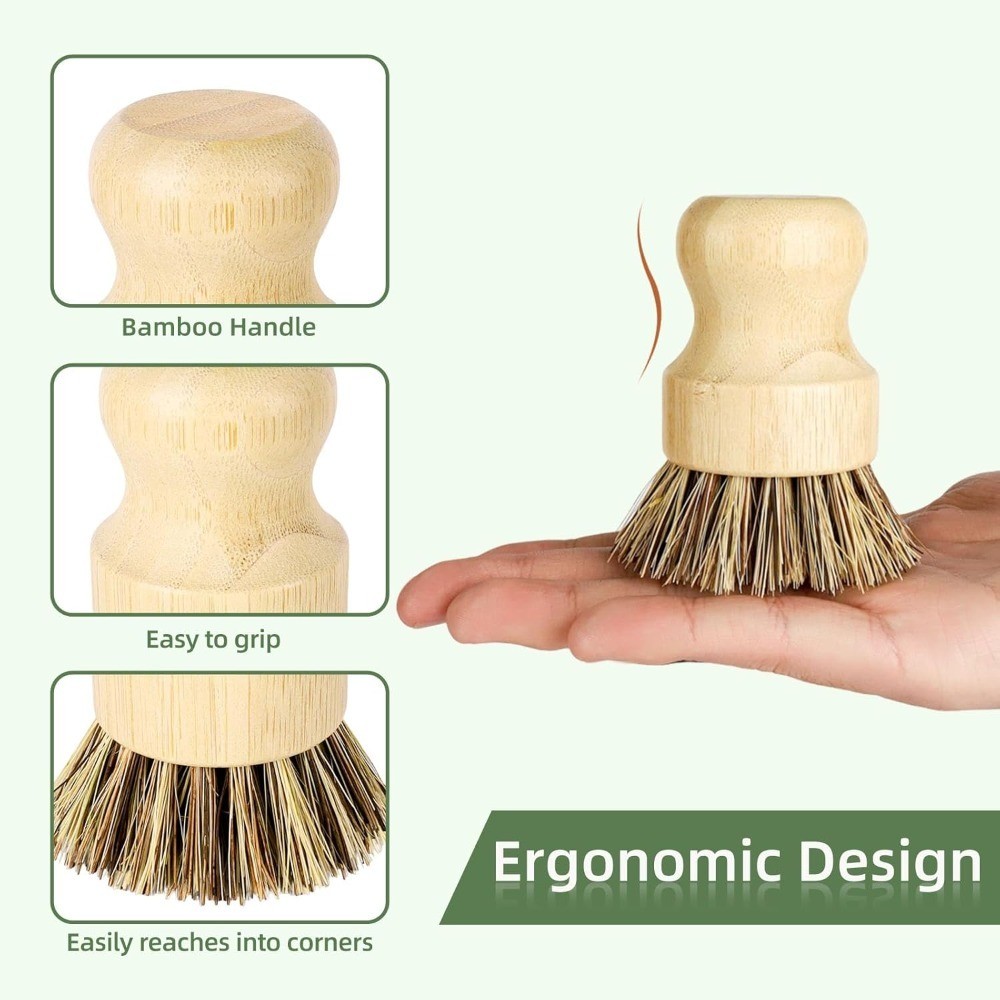 Natural Bamboo Dish Brush Set with Holder Fast Dry Kitchen Scrub Brush for