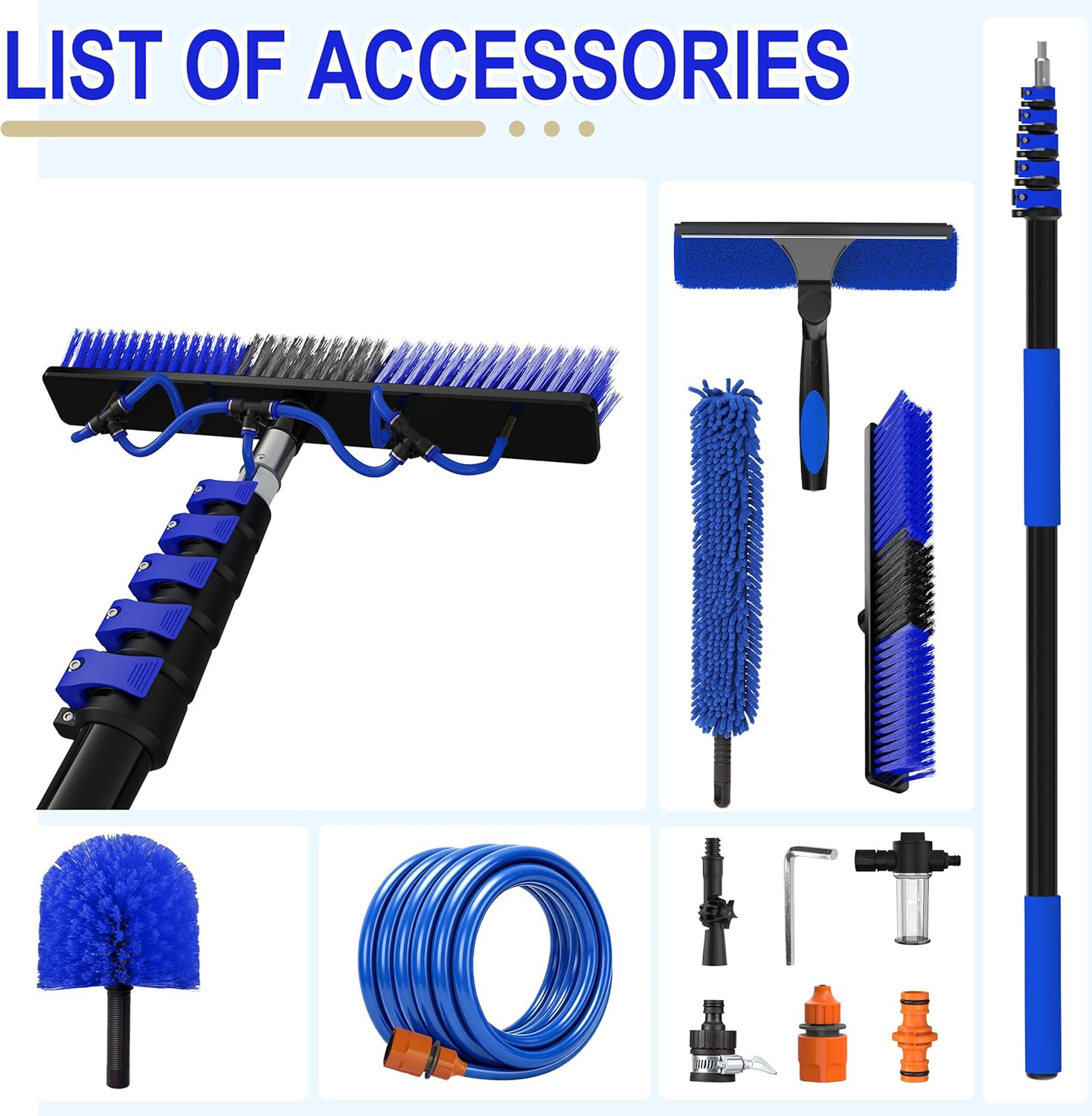 30FT Reach Solar Panel Cleaning Brush Kit with 5-24FT Telescoping Pole, 40FT Hos