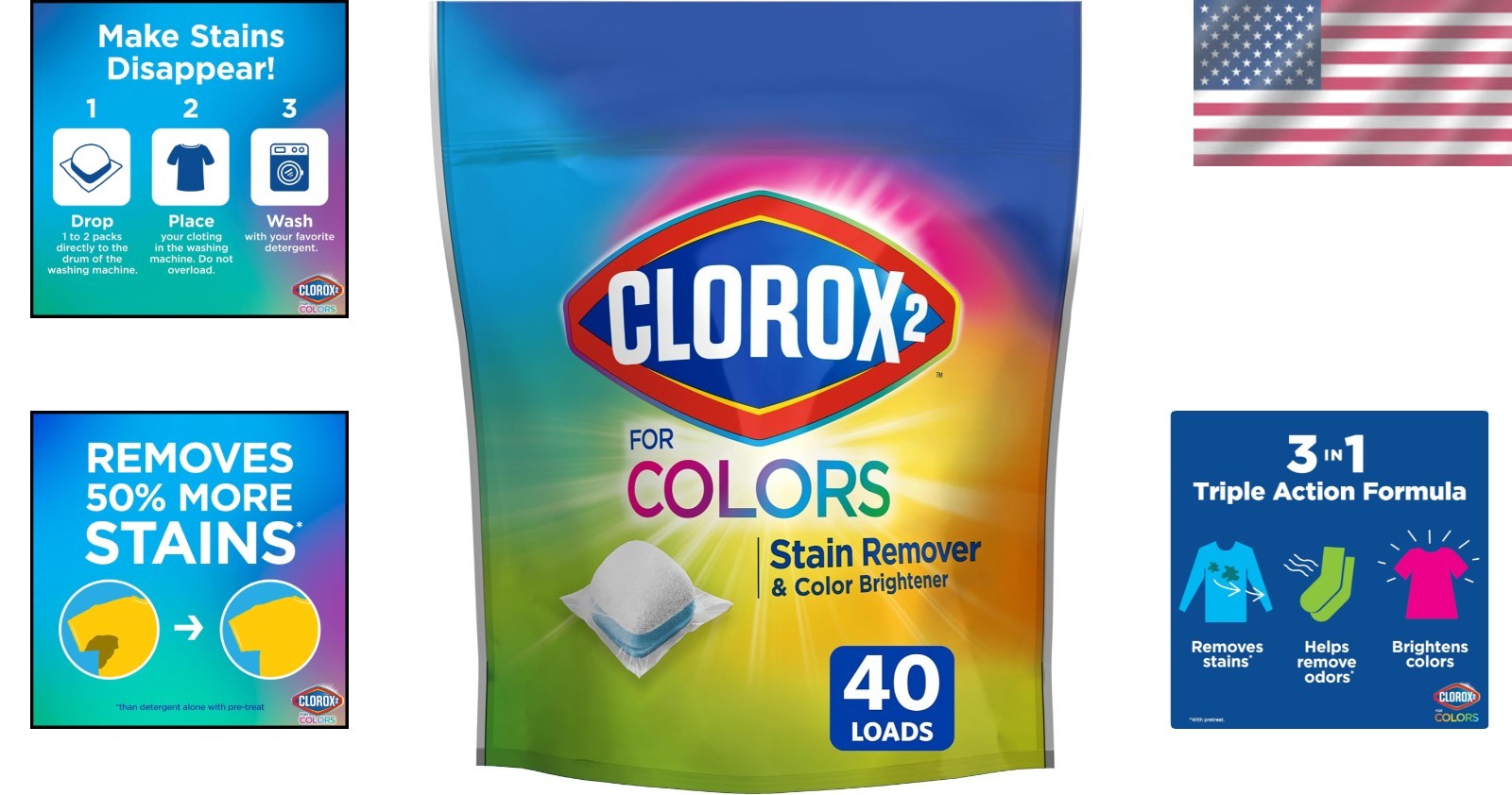 Odor-Free Stain Remover & Color Brightener, 40 Packs for All Fabric Care Needs