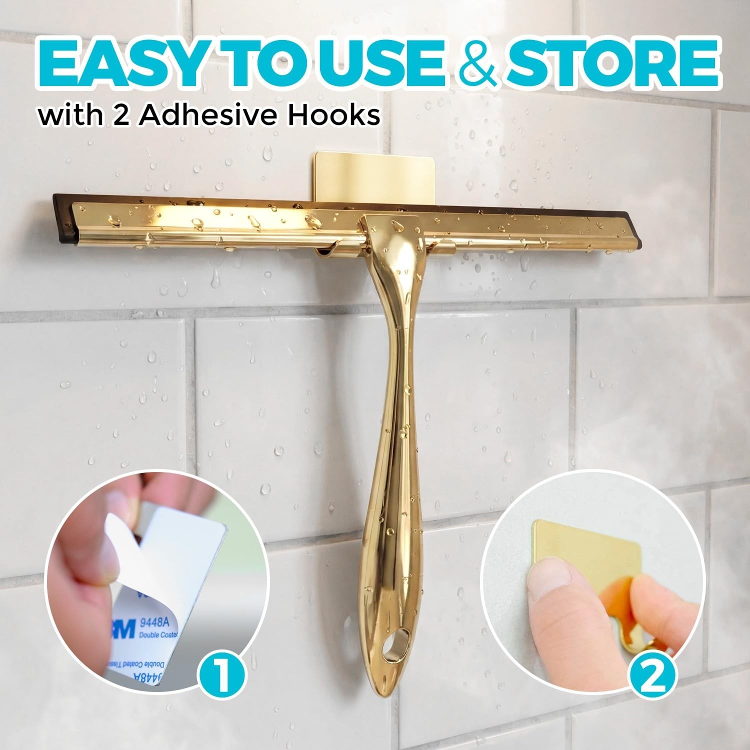 2pcs Gold Shower Squeegee Set with Hook | 10” Soft Rubber Blade, Metal Handle, B