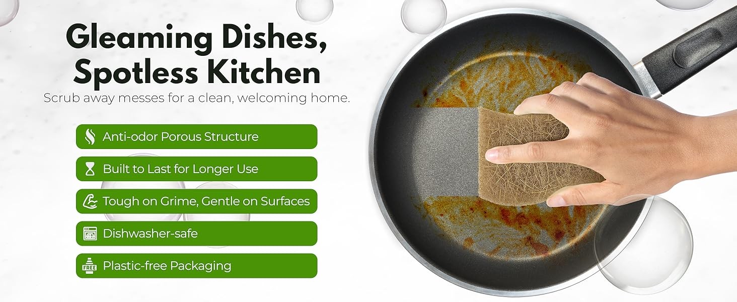 Natural Kitchen Sponges (12 Pack) – Biodegradable Cellulose & Coconut Scrubber