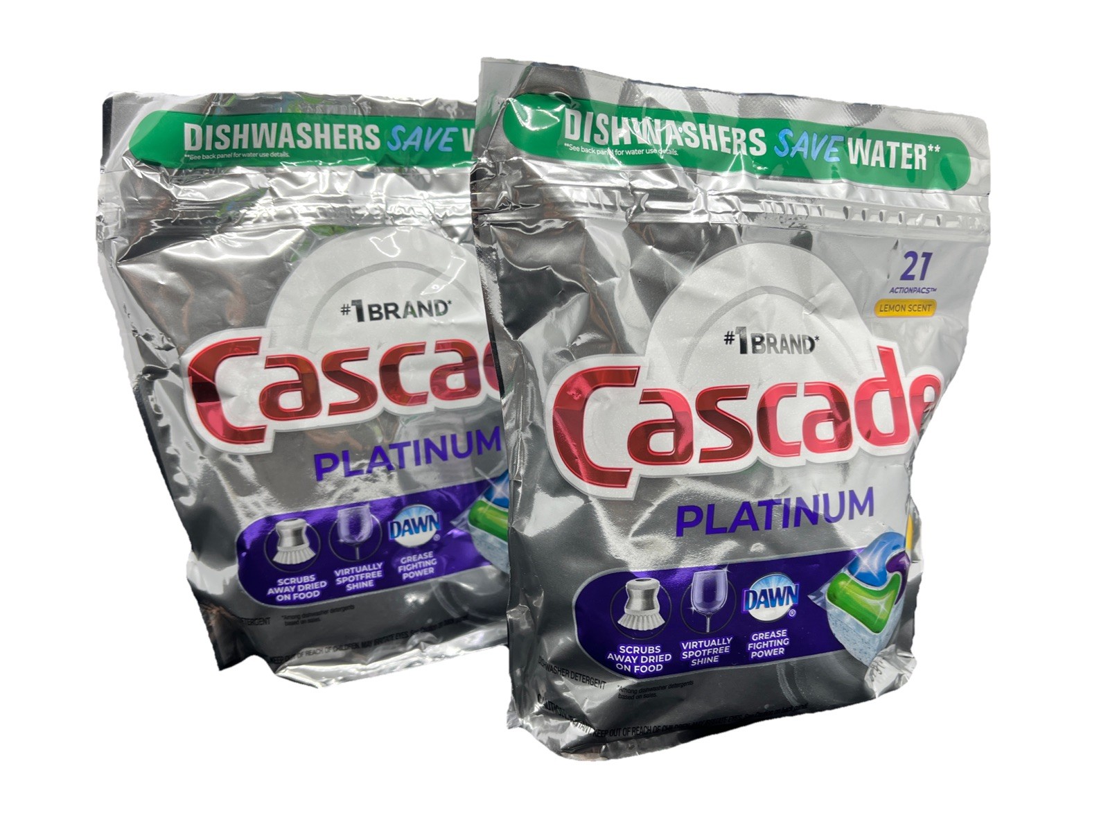 2PK Cascade Platinum Dawn Dishwasher Cleaner Lemon Scent Total42 Action Pacs Pod